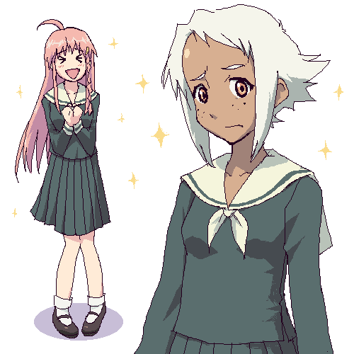 lal'c mellk mal, nono (top wo nerae 2!), maria-sama ga miteru, top wo nerae! (series), top wo nerae 2!, lowres, 2girls, crossover, dark-skinned female, dark skin, multiple girls, oekaki, parody