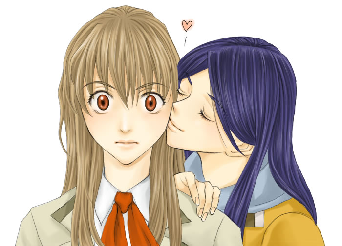 mico3, fujino shizuru, kuga natsuki, my-hime, hand on shoulder, 00s, 2girls, ascot, blonde hair, closed eyes, heart, kiss, kissing cheek, lips, long hair, looking at viewer, multiple girls, purple hair, red eyes, simple background, surprised, very long hair, yuri