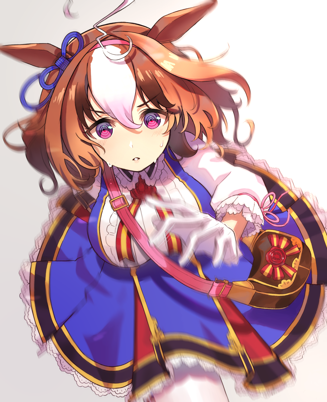 fujimaru nrun, meisho doto (umamusume), umamusume, highres, 1girl, @ @, ahoge, animal ears, bag, blue dress, blue ribbon, bow, brown bag, brown hair, center frills, dress, ear ribbon, frilled dress, frills, gloves, gradient background, grey background, hair between eyes, hairband, horse ears, horse girl, looking at viewer, medium hair, motion blur, multicolored hair, pantyhose, parted lips, pinafore dress, pink hairband, pink ribbon, purple eyes, ribbon, running, shirt, shoulder bag, sleeveless, sleeveless dress, solo, streaked hair, sweat, v-shaped eyebrows, white background, white gloves, white hair, white pantyhose, white shirt