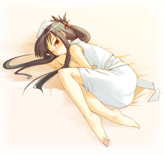 jirou (chekoro), original, 1girl, barefoot, brown hair, feet, female focus, fetal position, full body, long hair, looking at viewer, lying, nurse, on side, one eye closed, plantar flexion, red eyes, sidelocks, solo, toes