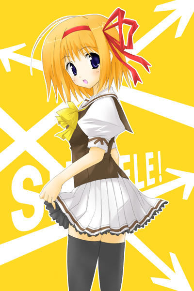 syou misaka, fuyou kaede, shuffle!, 00s, 1girl, arrow (symbol), black thighhighs, blonde hair, blue eyes, female focus, from behind, holding, looking at viewer, looking back, school uniform, short hair, skirt, skirt hold, solo, thighhighs