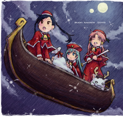 emoncake., aika granzchesta, alice carroll, aria pokoteng, mizunashi akari, aria (manga), lowres, 00s, 3girls, adapted costume, antlers, christmas, cloud, full moon, gondola, hat, horns, moon, multiple girls, night, oar, ribbon, sack, santa costume, sitting, standing, star (symbol)