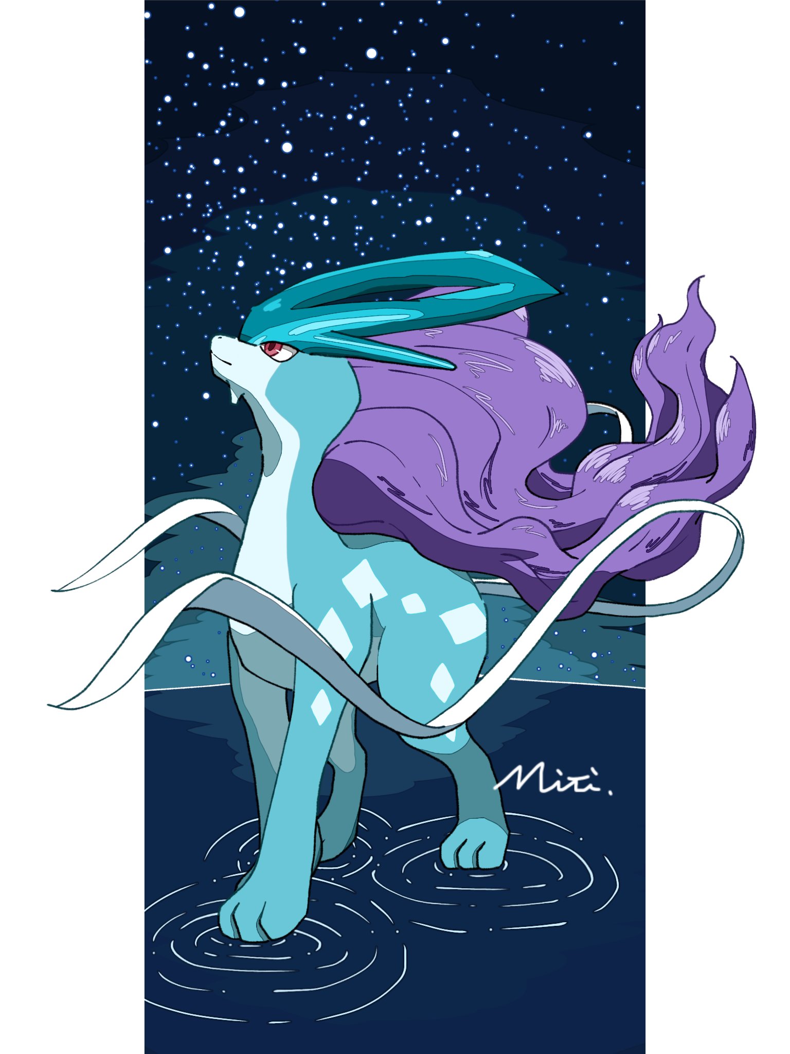 miti3t1, suicune, nintendo, pokemon, commentary, highres, animal focus, closed mouth, floating hair, gen 2 pokemon, legendary pokemon, long hair, looking up, night, night sky, no humans, pokemon (creature), pokemon focus, purple hair, red eyes, ripples, signature, sky, solo, star (sky)