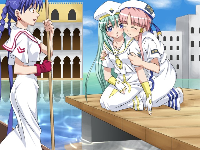 sanshita, aika granzchesta, alice carroll, mizunashi akari, aria (manga), 00s, 3girls, blouse, earrings, fingerless gloves, gloves, green hair, hat, hug, hug from behind, jewelry, kneeling, long hair, multiple girls, oar, pier, pink hair, purple hair, shirt, sidelocks, smile, standing, venice, water, white shirt
