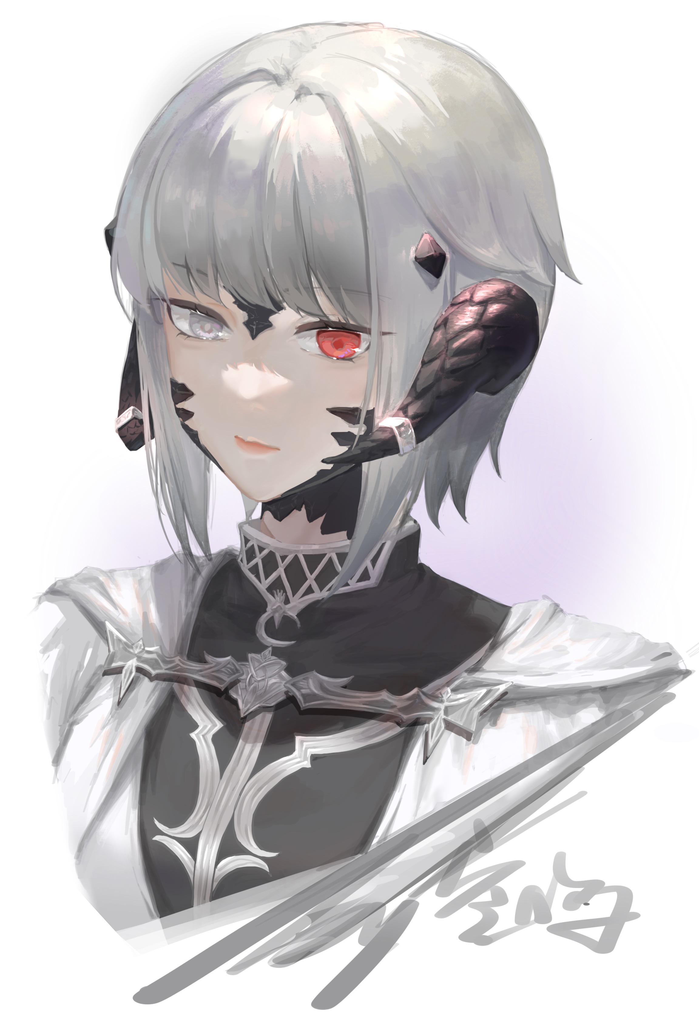 kong ming kmmo, warrior of light (ff14), final fantasy, final fantasy xiv, absurdres, highres, 1girl, au ra, black scales, black shirt, coat, cropped shoulders, expressionless, grey eyes, heterochromia, hood, hood down, hooded coat, horn ornament, horns, open clothes, open coat, red eyes, scales, shirt, short hair, signature, simple background, solo, upper body, white background, white hair