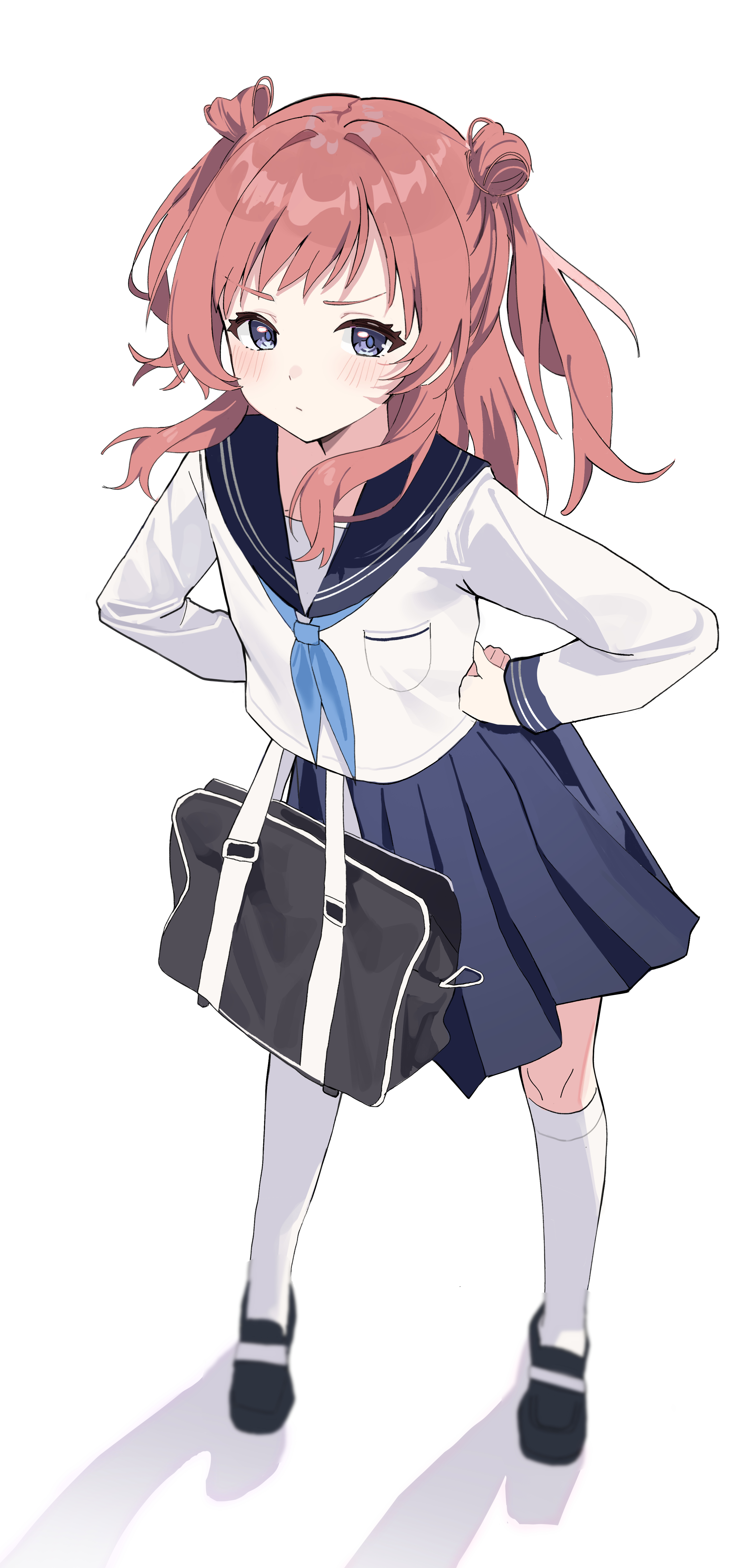 aweqdre, hanami saki, gakuen idolmaster, idolmaster, absurdres, commentary, highres, 1girl, alternate costume, bag, black shoes, blue eyes, blue neckerchief, blue sailor collar, blue skirt, blush, brown hair, full body, kneehighs, long hair, long sleeves, looking at viewer, neckerchief, sailor collar, school bag, school uniform, serafuku, shadow, shirt, shoes, simple background, skirt, socks, solo, two side up, white background, white shirt, white socks
