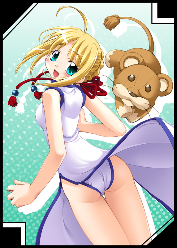 r-gray, artoria pendragon (fate), saber (fate), fate/stay night, fate (series), 00s, 1girl, ahoge, alternate costume, ass, back, blonde hair, china dress, chinese clothes, clothes lift, dress, dress lift, dutch angle, female focus, from behind, green eyes, hair bun, hair ribbon, lion, looking back, panties, ribbon, single hair bun, skirt, skirt lift, solo, standing, stuffed animal, stuffed lion, stuffed toy, thigh gap, thighs, underwear, white panties, wind, wind lift