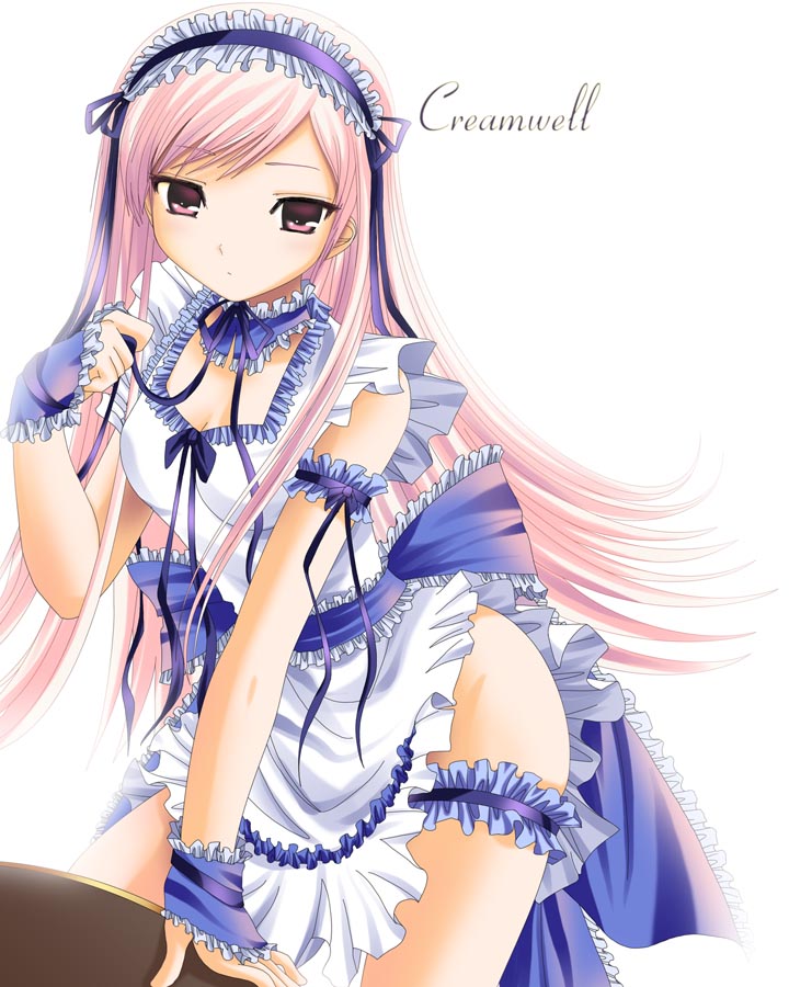 namamo nanase, lucy maria misora, to heart (series), to heart 2, 00s, 1girl, arm garter, detached collar, female focus, fingerless gloves, frilled thigh strap, frills, gloves, hair ornament, hairpin, headdress, long hair, maid, pink eyes, pink hair, solo, thigh strap