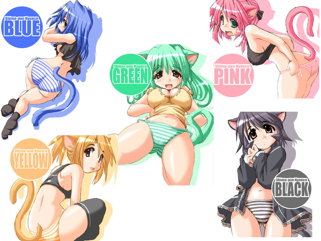 tonpuu, 5girls, :o, :p, all fours, animal ears, ass, black hair, black panties, black socks, black thighhighs, blonde hair, blouse, blue hair, blue panties, blush, bra, breasts, brown eyes, cat ears, cat tail, green eyes, green hair, green panties, hair ribbon, large breasts, leaning forward, looking back, lying, midriff, multiple girls, navel, on back, open clothes, open shirt, panties, pink hair, pink panties, ribbon, shirt, side-tie panties, sitting, smile, socks, sports bra, standing, striped clothes, striped panties, tail, thigh gap, thighhighs, thighs, tongue, tongue out, underwear, underwear only, yellow panties