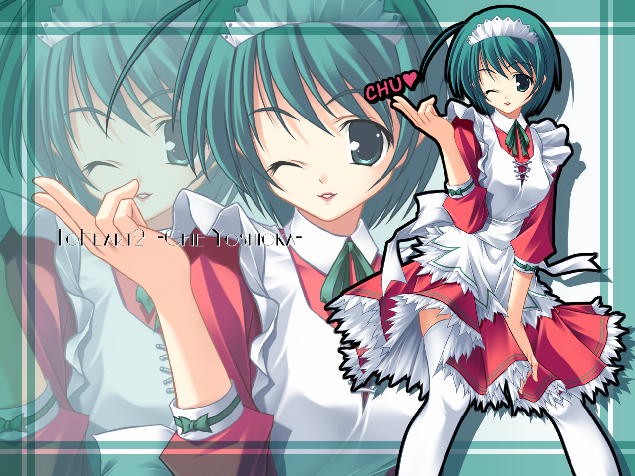 yoshioka chie, to heart (series), to heart 2, tagme, 00s, 1girl, apron, black outline, character name, copyright name, female focus, frilled apron, frills, green hair, maid, maid headdress, one eye closed, outline, romaji, solo, standing, thighhighs, white apron, white thighhighs, wink, zoom layer