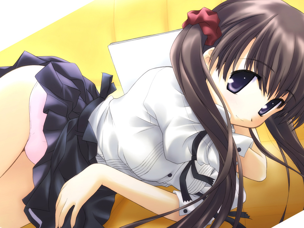 sumadera yukio, tenshi no inai 12-gatsu, blouse, blue eyes, brown hair, lying, on side, panties, pink panties, pleated skirt, school uniform, serafuku, shirt, skirt, solo, twintails, underwear