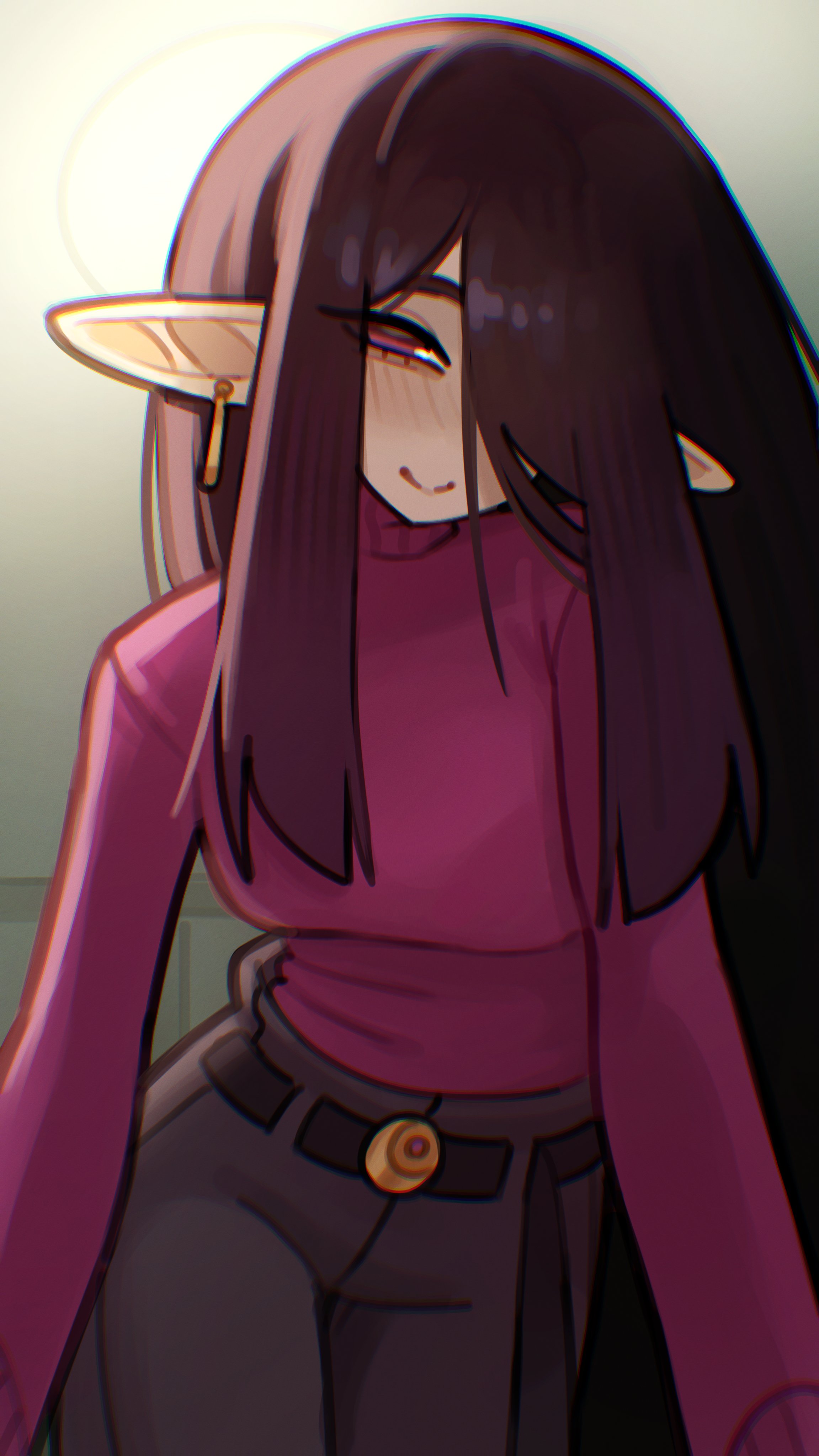 justadrian (yoadriandk), licorice (justadrian), original, absurdres, commentary, english commentary, highres, 1girl, belt, black hair, earrings, eyes visible through hair, half-closed eyes, jewelry, long hair, long pointy ears, long sleeves, looking at viewer, one eye covered, pants, pointy ears, red eyes, shirt, smile, solo, turtleneck, turtleneck shirt, very long hair
