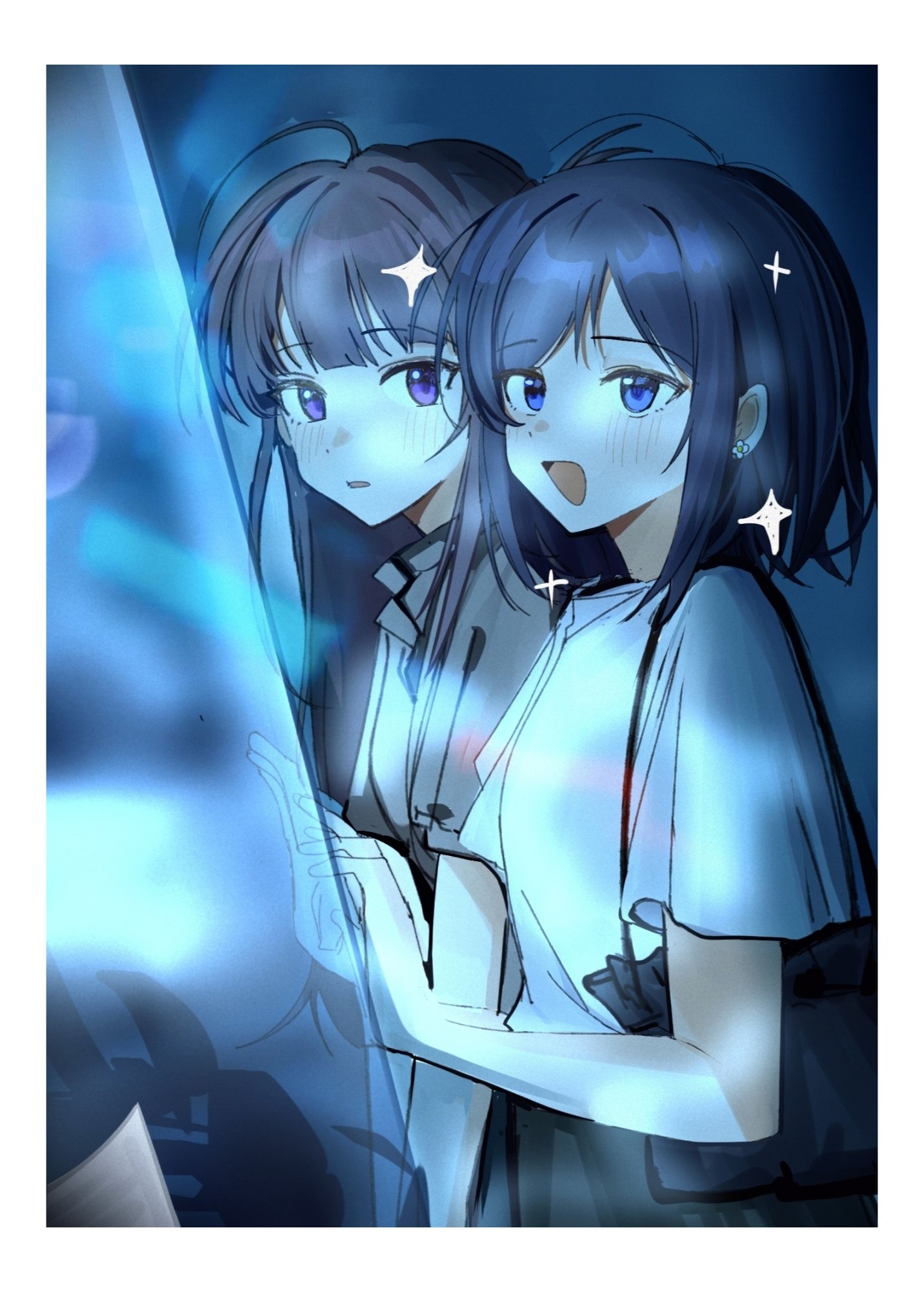 haidao mao, miyagi shiori, sendai hazuki, shuuniichido classmate wo kau hanashi, chinese commentary, commentary request, highres, 2girls, ahoge, black hair, blue eyes, border, brown hair, earrings, jewelry, long hair, medium hair, multiple girls, open mouth, purple eyes, shirt, short sleeves, sparkle, white border, white shirt