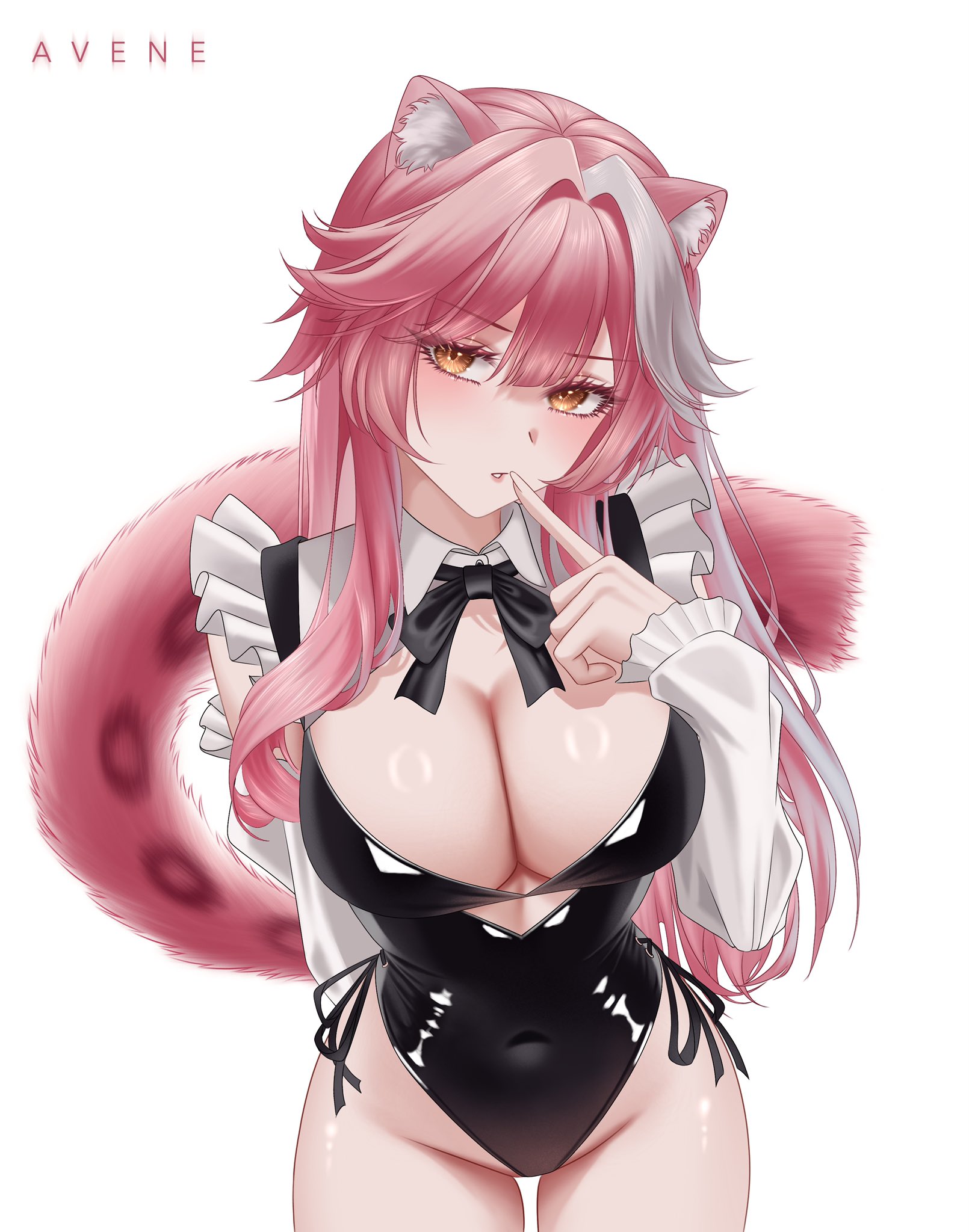 raora panthera, hololive, hololive english, commentary, hashtag-only commentary, highres, 1girl, alternate costume, animal ear fluff, animal ears, avene chan, black bow, black bowtie, black leotard, bow, bowtie, breasts, center-flap bangs, cleavage, cleavage cutout, clothing cutout, covered navel, detached sleeves, double-parted bangs, frilled leotard, frills, hand up, highleg, highleg leotard, large breasts, leotard, long hair, long sleeves, looking at viewer, multicolored hair, panther ears, panther girl, panther tail, parted lips, pink hair, playboy bunny, puffy long sleeves, puffy sleeves, side-tie leotard, sidelocks, simple background, solo, streaked hair, tail, very long hair, virtual youtuber, white hair, wrist cuffs, yellow eyes