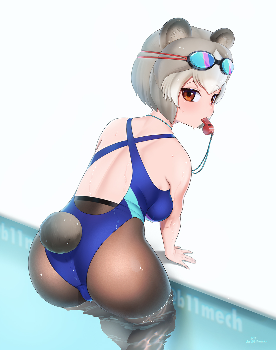 beleven, grizzly bear (kemono friends), kemono friends, kemono friends 3, highres, 1girl, animal ears, bare shoulders, bear ears, bear girl, bear tail, black pantyhose, blue one-piece swimsuit, brown eyes, clothing cutout, goggles, goggles on head, grey hair, hair between eyes, looking at viewer, looking back, multicolored hair, official alternate costume, one-piece swimsuit, pantyhose, short hair, sidelocks, sleeveless, solo, swimsuit, tail, tail through clothes, two-tone one-piece swimsuit, whistle, whistle around neck, white hair