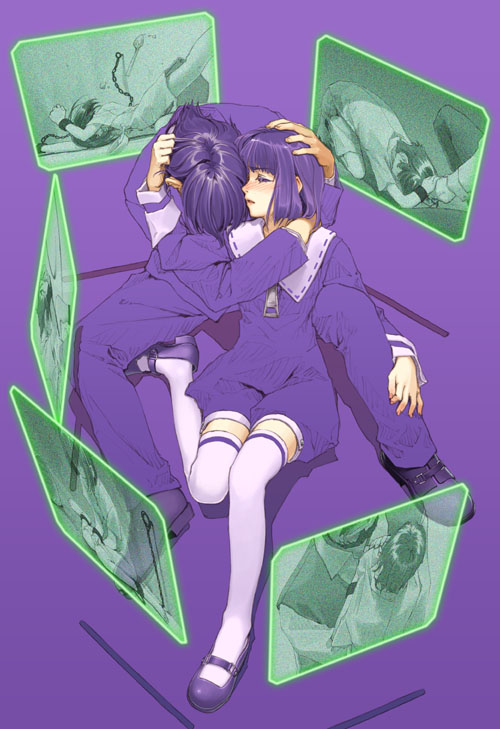 hidari (left side), soror, elysion, sound horizon, commentary, 1boy, 1girl, back, blunt bangs, bob cut, brother and sister, closed eyes, dress, face down, hand on another's head, hetero, hug, hug from behind, leaning on person, leftside, legs, purple background, purple hair, short hair, siblings, sitting, thighhighs, white thighhighs, zettai ryouiki