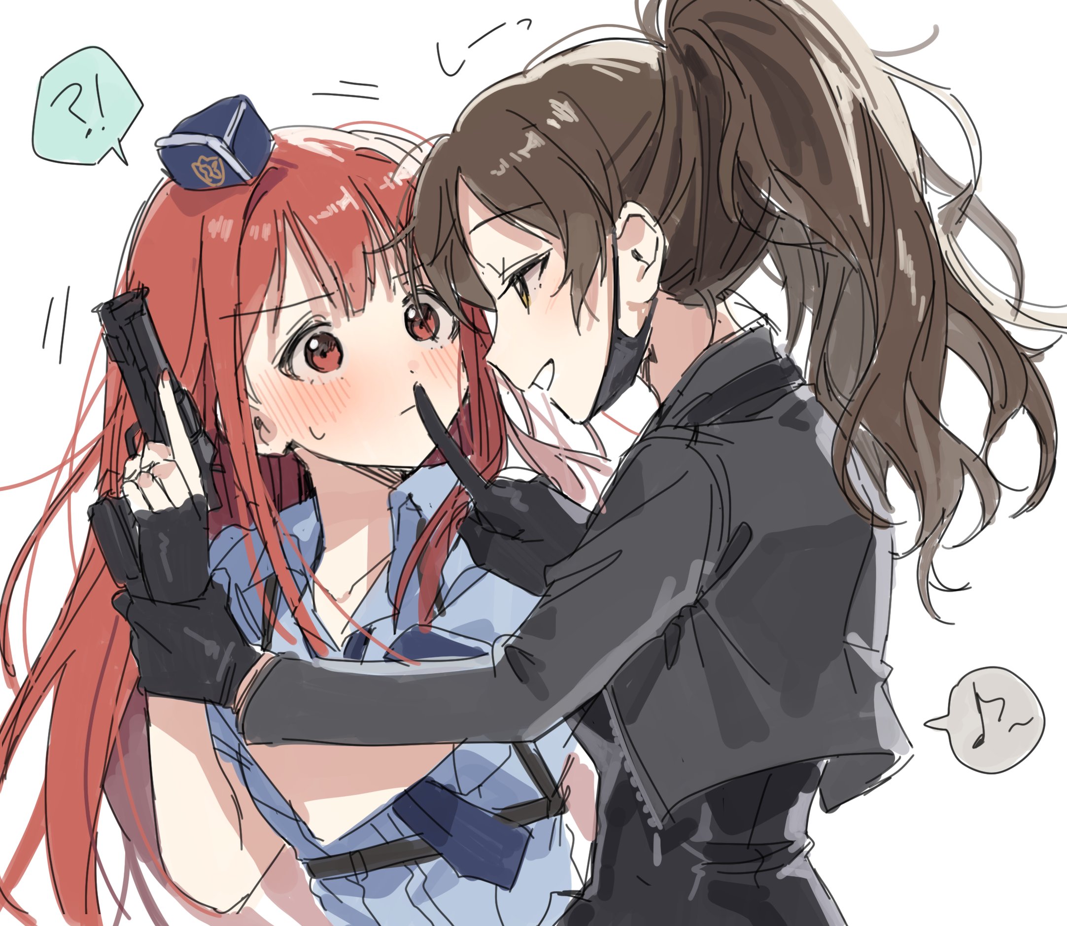 hano9789, kitazawa shiho, tanaka kotoha, idolmaster, idolmaster million live!, highres, !?, 2girls, black gloves, black jacket, blush, brown eyes, brown hair, closed mouth, concept police (idolmaster), cropped jacket, finger to another's mouth, garrison cap, gloves, grin, gun, handgun, hat, holding, holding gun, holding weapon, jacket, long hair, long sleeves, multiple girls, musical note, official alternate costume, one eye closed, police, police uniform, policewoman, ponytail, red eyes, red hair, sexy spy (idolmaster), simple background, smile, speech bubble, spoken musical note, upper body, weapon, white background, yuri