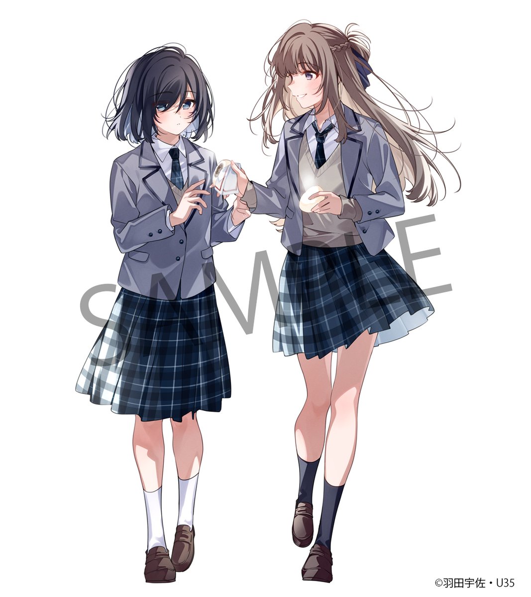 u35, miyagi shiori, sendai hazuki, shuuniichido classmate wo kau hanashi, commentary request, highres, official art, second-party source, 2girls, black hair, black socks, blazer, blue eyes, blue skirt, braid, brown hair, brown shoes, brown sweater vest, food, grey jacket, half up braid, holding, holding food, jacket, loafers, long hair, long sleeves, medium hair, multiple girls, necktie, open clothes, open jacket, open mouth, plaid clothes, plaid necktie, plaid skirt, pleated skirt, sample watermark, shoes, simple background, skirt, socks, steam, steamed bun, sweater vest, watermark, white background, white socks