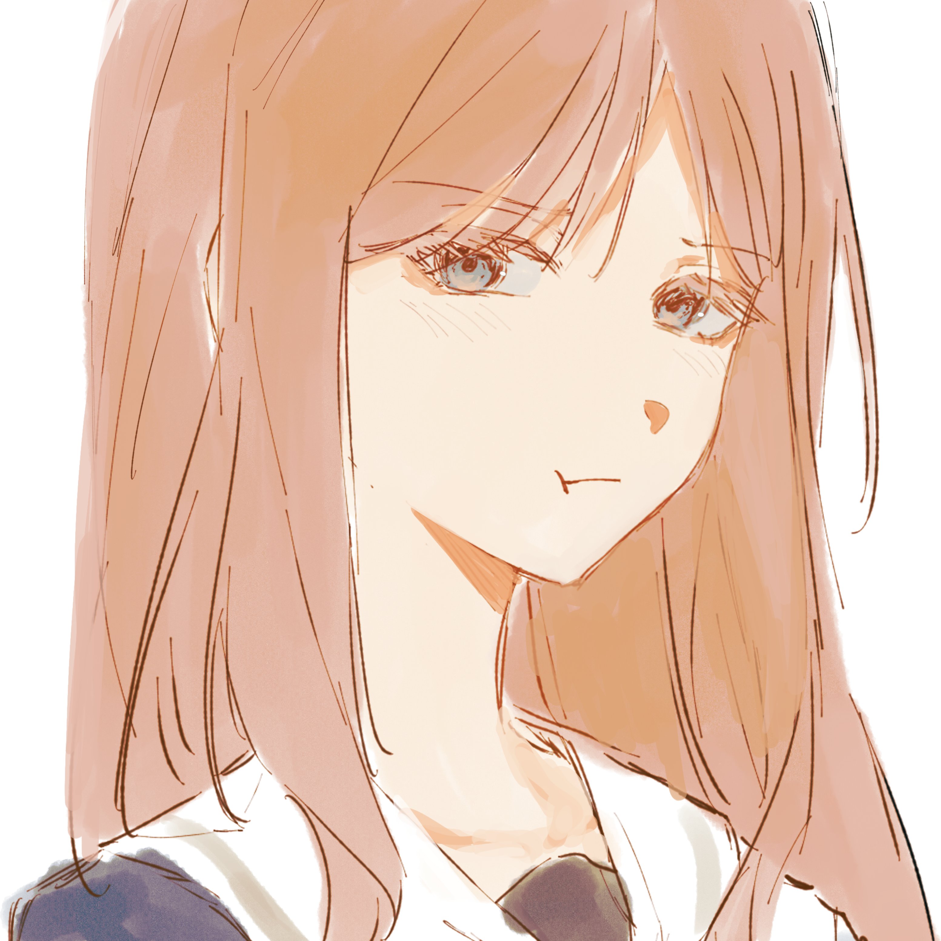 nagasaki soyo, bang dream!, bang dream! it's mygo!!!!!, absurdres, commentary, highres, symbol-only commentary, 1girl, blue eyes, blush, brown hair, closed mouth, geosmichi77, long hair, portrait, pout, school uniform, sidelocks, simple background, solo, tsukinomori school uniform, white background