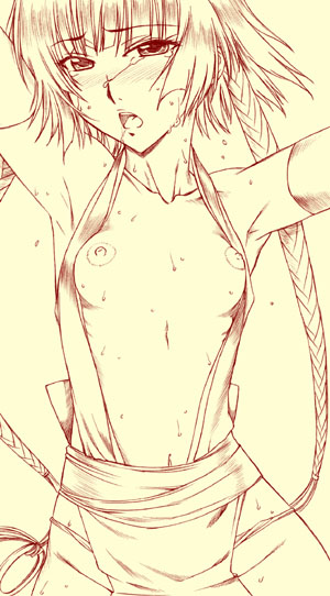 hanzaki jirou, sui-feng, bleach, 00s, 1girl, armpits, arms up, breasts, female focus, flat chest, gloves, monochrome, nipples, sexually suggestive, short hair with long locks, small breasts, solo, sweat, twintails