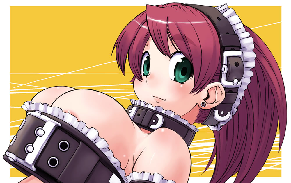kei jiei, original, 1girl, areola slip, bare shoulders, belt, belt bra, breasts, choker, female focus, green eyes, huge breasts, plug (piercing), red hair, solo