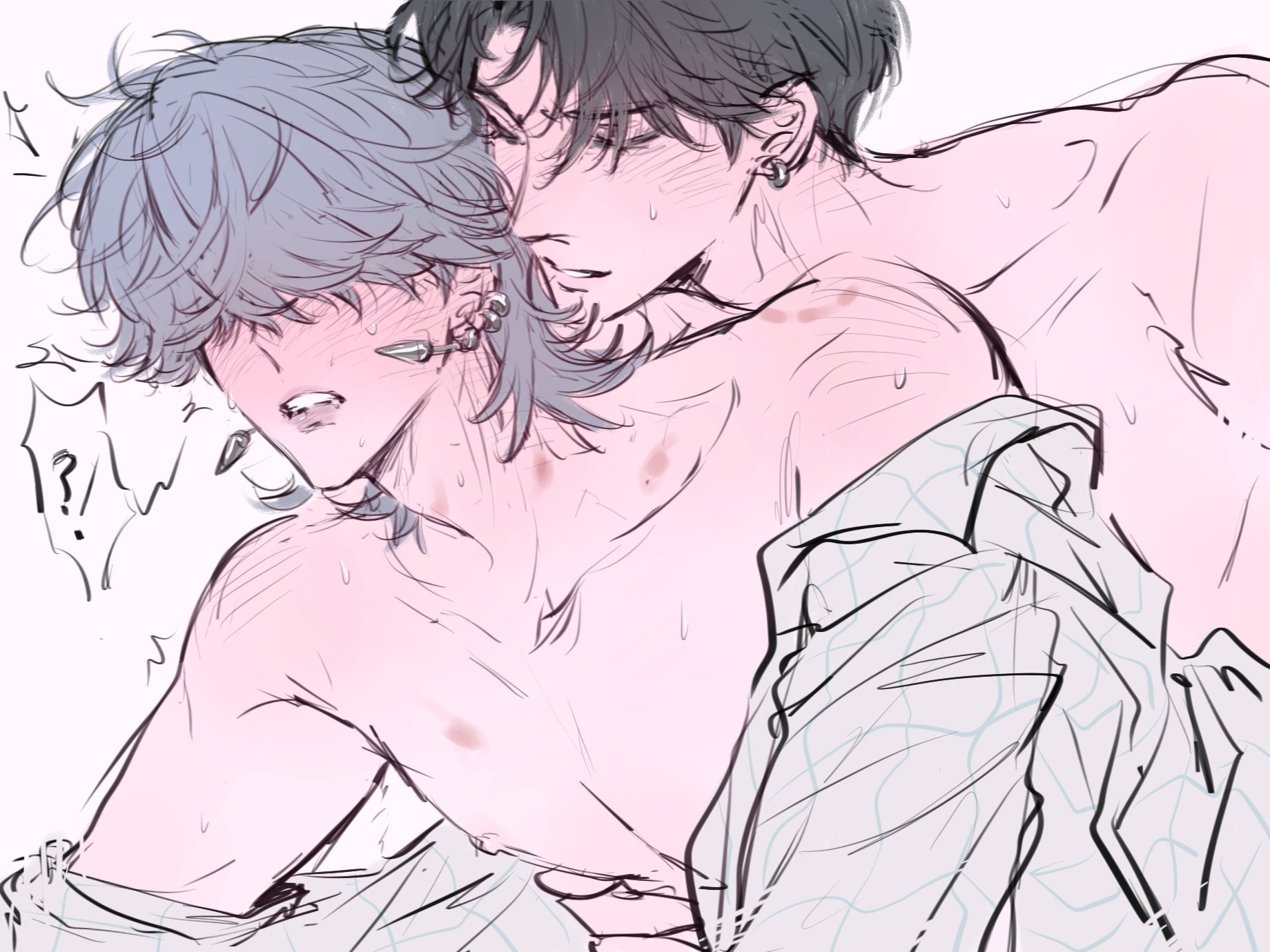 1008 redd, jinu (kpop demon hunters), mystery (kpop demon hunter), kpop demon hunters, 2boys, bite mark, black hair, blush, closed eyes, earrings, flat color, hair over eyes, hickey, jewelry, multiple boys, nipples, purple hair, yaoi