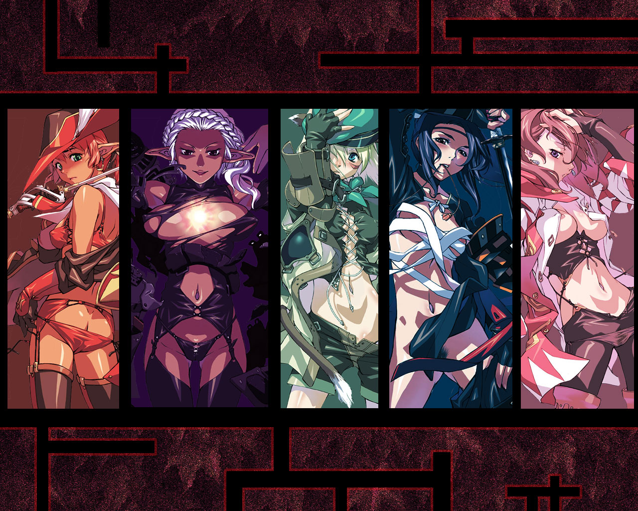 takemura sessyu, dark knight (final fantasy), elvaan, mithra (ff11), ranger, red mage (final fantasy), samurai (final fantasy), white mage (final fantasy), final fantasy, final fantasy xi, square enix, 00s, 5girls, ass, bandages, breasts, cleavage, column lineup, dark knight, elf, female pubic hair, garter belt, hume, large breasts, magic, medium breasts, multiple girls, nipple slip, nipples, open clothes, open shirt, pointy ears, pubic hair, samurai, shirt, sword, thighhighs, weapon