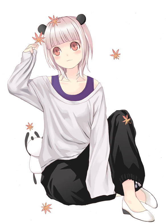 tsunako, 1girl, :3, animal ears, autumn leaves, bare shoulders, casual, collarbone, female focus, leaf, panda, panda ears, pants, pink hair, red eyes, shoes, short hair, simple background, sitting, solo, sweatpants, white background