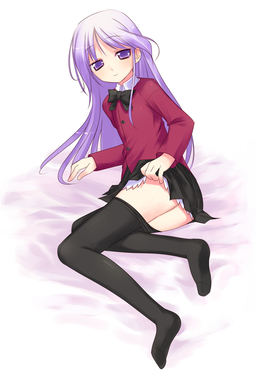 kashiwamochi yomogi, watarase jun, happiness!, light purple hair, highres, 00s, 1boy, clothes lift, clothes pull, crossdressing, crossdressing (mtf), lifting own clothes, long hair, lying, male focus, no panties, on side, pantyhose, pantyhose pull, purple eyes, shota, skirt, skirt lift, smile, solo, trap
