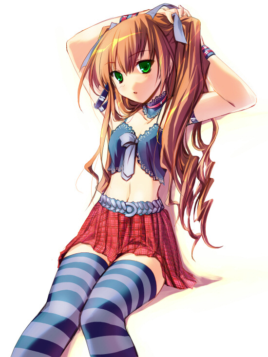 1girl, adjusting hair, brown hair, female focus, green eyes, hair ribbon, long hair, ribbon, skirt, solo, striped clothes, striped thighhighs, thighhighs, very long hair, zettai ryouiki