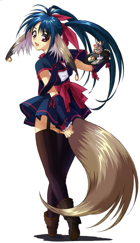 original, 1girl, animal ears, blue hair, boots, female focus, food, full body, ice cream, looking back, red eyes, simple background, solo, tail, thighhighs, tray, twintails, waitress, walking, white background