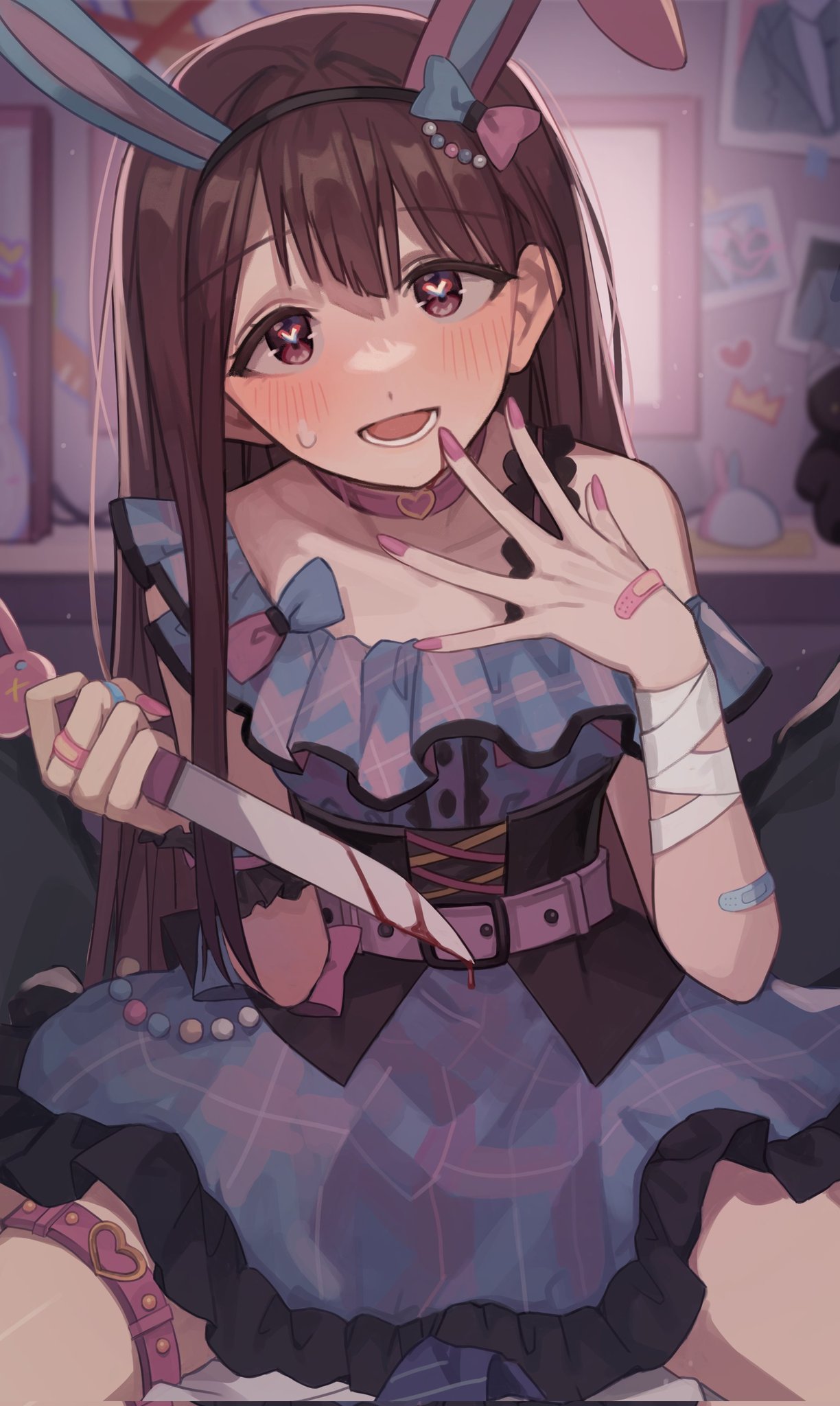 hano9789, tanaka kotoha, idolmaster, idolmaster million live!, idolmaster million live! theater days, highres, korean commentary, 1girl, animal ear hairband, animal ears, backlighting, bandaged arm, bandages, bandaid, bandaid on arm, bandaid on finger, bandaid on hand, belt, blood, bloody knife, blush, bow, brown eyes, brown hair, choker, dress, fake animal ears, fingernails, hair bow, hairband, heart, heart-shaped pupils, heart choker, holding, holding knife, indoors, knife, long hair, lower teeth only, multicolored dress, nail polish, open mouth, pink belt, pink choker, pink nails, plaid clothes, plaid dress, qute x qualm (idolmaster), rabbit ear hairband, rabbit ears, sitting, solo, sweatdrop, symbol-shaped pupils, teeth, thigh strap, two-tone bow, yandere