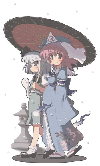 ooide chousuke, konpaku youmu, konpaku youmu (ghost), saigyouji yuyuko, touhou, 2girls, blue dress, dress, female focus, green dress, green eyes, hat, hitodama, holding, holding umbrella, multiple girls, oil-paper umbrella, pink eyes, pink hair, sandals, short hair, smile, stone lantern, triangular headpiece, umbrella, walking, white background, white hair, zouri