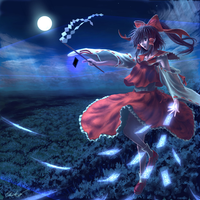 chiki (botugo), hakurei reimu, touhou, 1girl, black hair, blue background, bow, detached sleeves, dress, female focus, flying, full moon, gohei, hair ribbon, hair tubes, half updo, long hair, moon, ofuda, red dress, ribbon, shoes, solo
