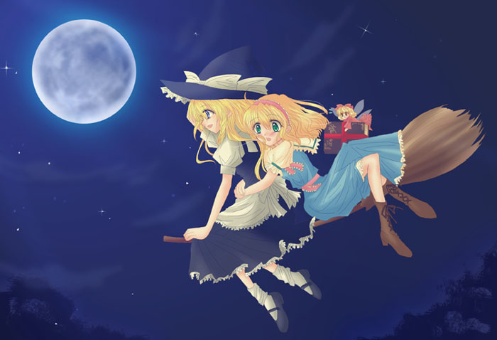 ringo apple, ringo appuru, alice margatroid, kirisame marisa, shanghai doll, touhou, cross-laced footwear, white legwear, 2girls, :o, apron, black dress, blonde hair, blue dress, blush, boots, bow, broom, broom riding, capelet, dress, dutch angle, fairy wings, female focus, flying, frilled dress, frills, full moon, green eyes, hair bow, hat, hat bow, loose socks, mary janes, moon, multiple girls, multiple riders, night, nose blush, outdoors, puffy sleeves, red dress, sash, shirt, shoes, sidesaddle, sky, smile, socks, star (sky), tree, wings, witch hat