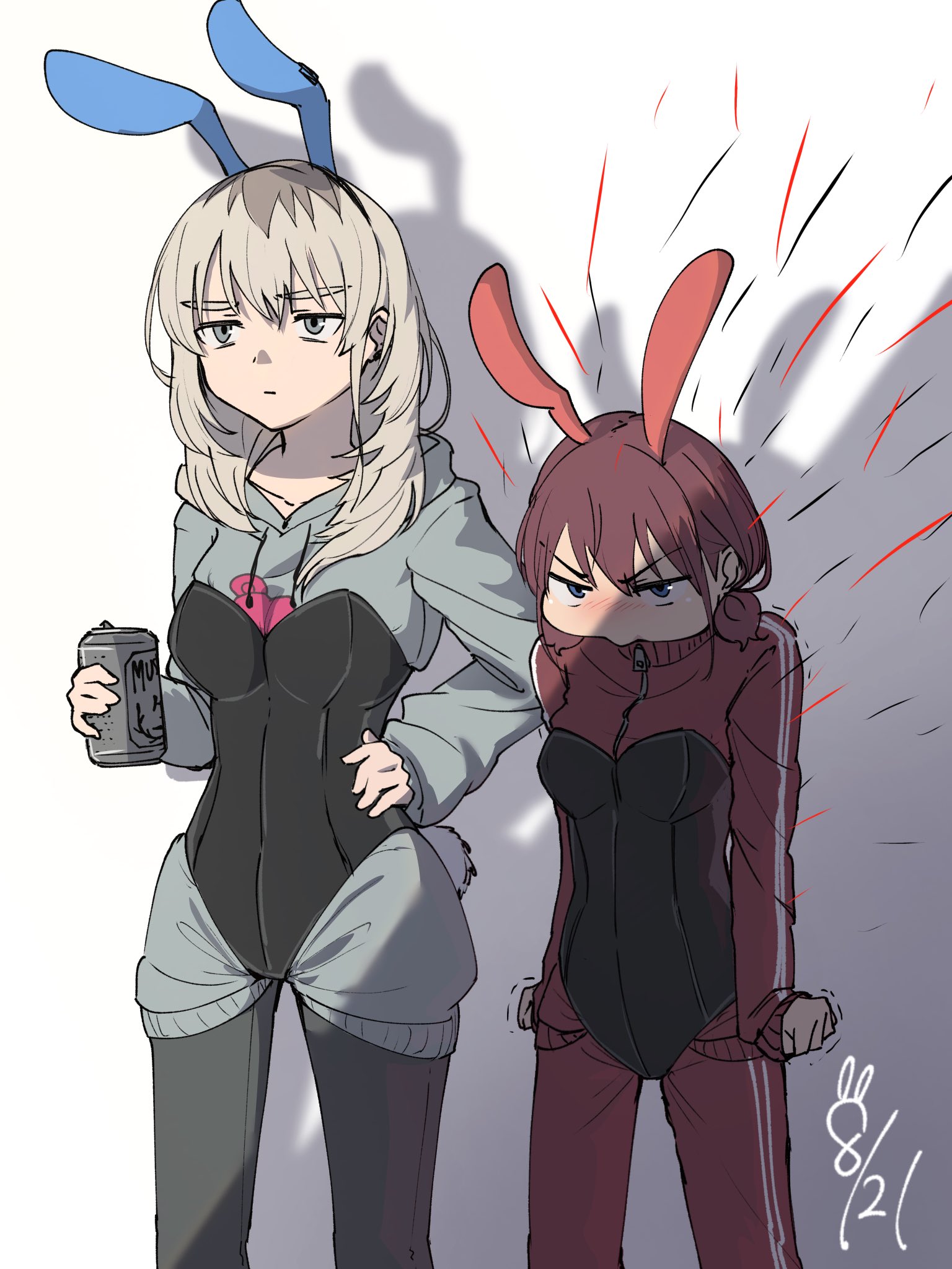 ayataka syumimi, iseri nina, kawaragi momoka, girls band cry, commentary, highres, 2girls, angry, animal ears, beer can, black leotard, brown hair, bunny day, can, dated, drink can, fake animal ears, grey eyes, grey hair, grey hoodie, grey pants, holding, holding can, hood, hood down, hoodie, jacket, leotard, long hair, low twintails, multiple girls, pants, pants under leotard, pout, rabbit ears, red jacket, red pants, short hair, short twintails, twintails
