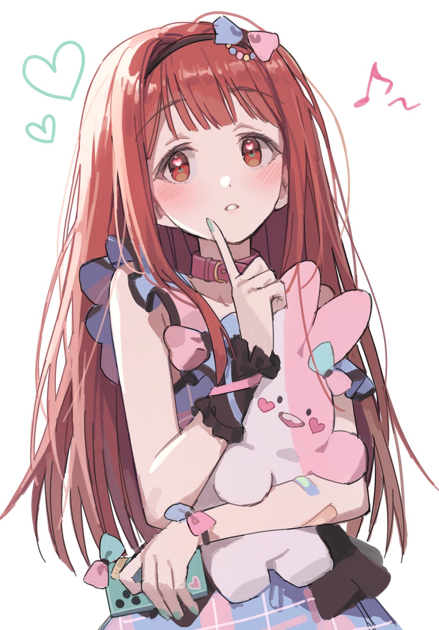 hano9789, tanaka kotoha, idolmaster, idolmaster million live!, idolmaster million live! theater days, highres, 1girl, bow, collar, dress, finger to own chin, hair bow, hairband, heart, heart in eye, holding, holding phone, holding stuffed toy, index finger raised, long hair, musical note, phone, qute x qualm (idolmaster), red eyes, red hair, simple background, solo, stuffed toy, symbol in eye, two-tone bow, upper body, white background