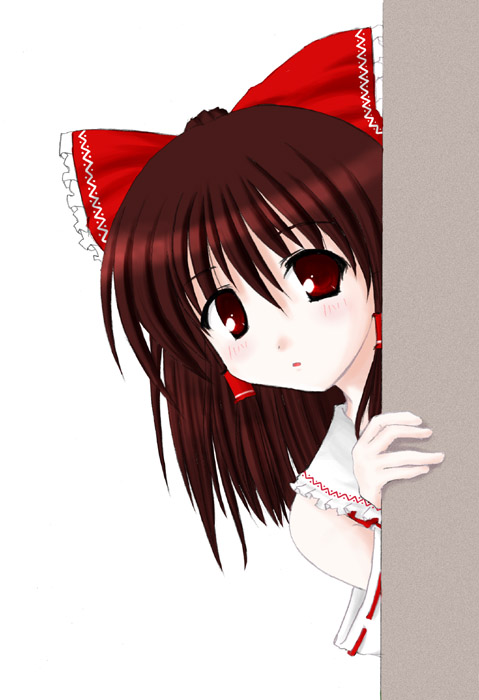 hakurei reimu, touhou, 1girl, :o, bare shoulders, bow, capelet, detached sleeves, female focus, hair bow, hair tubes, head tilt, large bow, looking at viewer, peeking out, red eyes, sidelocks, simple background, solo, white background