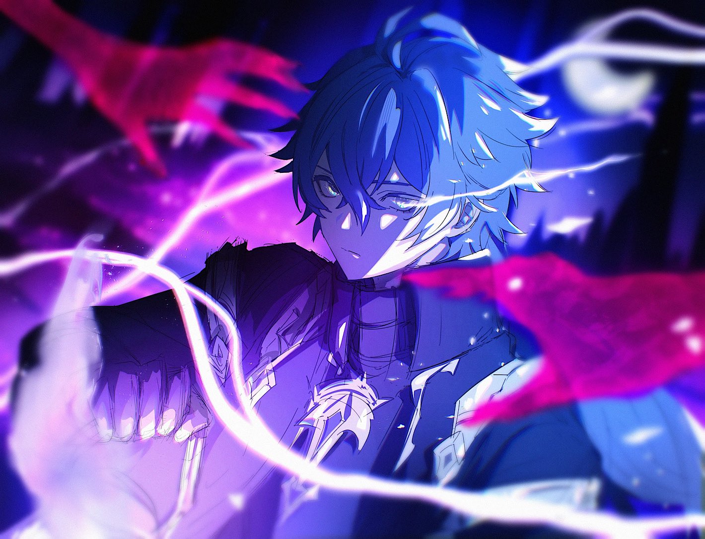flins (genshin impact), genshin impact, commentary request, 1boy, antenna hair, black coat, blue hair, closed mouth, coat, collared coat, electricity, expressionless, hair between eyes, high collar, holding, holding lantern, kotooooo88, lantern, looking at viewer, male focus, moon, night, solo, upper body, yellow eyes