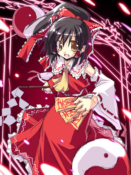 satou kibi, hakurei reimu, touhou, 1girl, ascot, bow, detached sleeves, female focus, gohei, hair bow, hair tubes, solo, yin yang