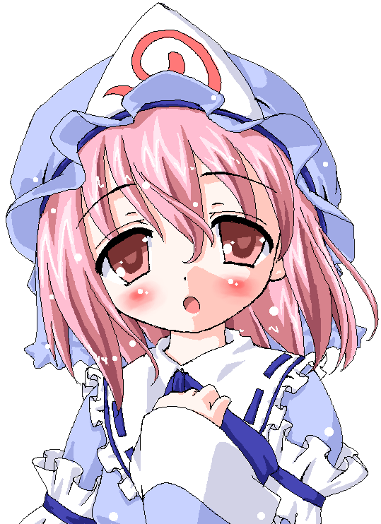 saigyouji yuyuko, touhou, 1girl, blue hat, blush, female focus, hat, mob cap, oekaki, open mouth, pink eyes, pink hair, solo, transparent background, triangular headpiece