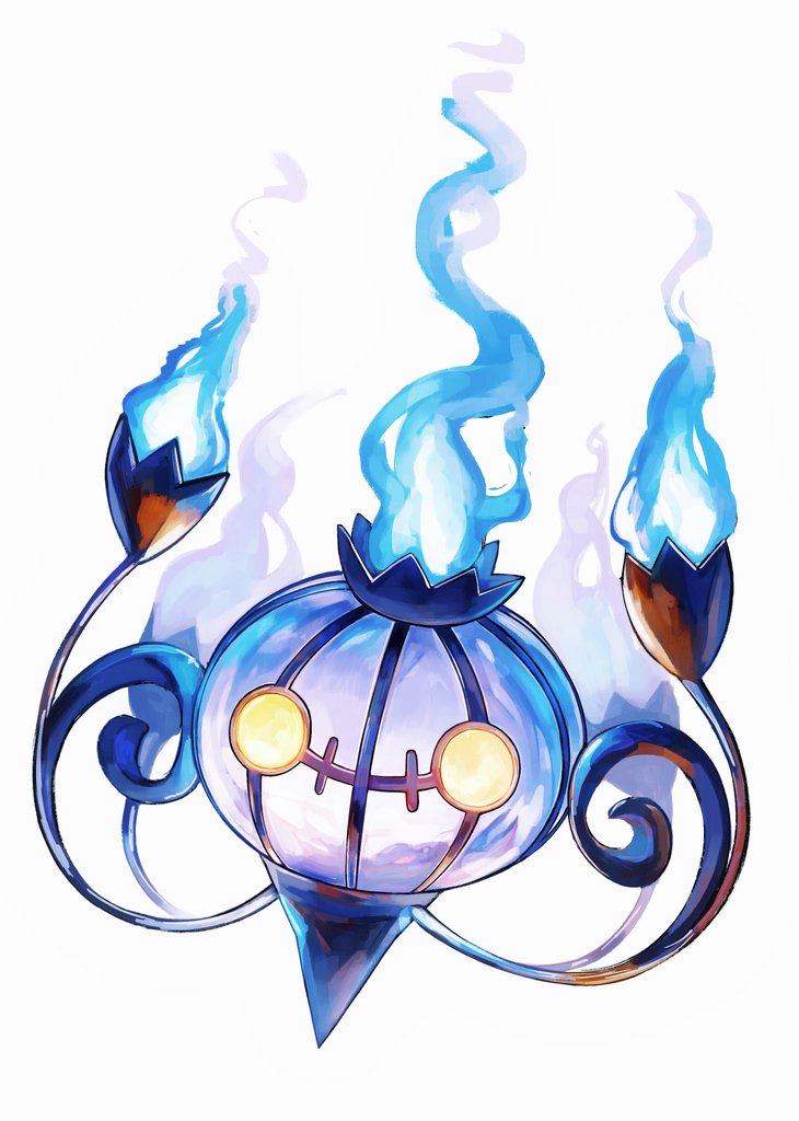 kodak painter, chandelure, nintendo, pokemon, commentary request, blue fire, fire, gen 5 pokemon, glowing, glowing eyes, no humans, pokemon (creature), pokemon focus, yellow eyes