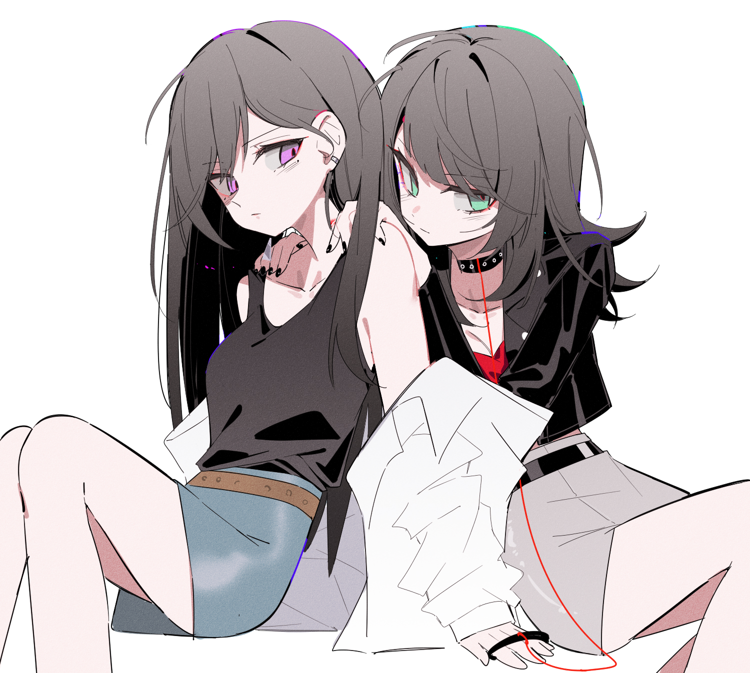zikiki1092, shiina taki, yahata umiri, bang dream!, bang dream! it's mygo!!!!!, commentary, highres, symbol-only commentary, 2girls, black choker, black hair, black jacket, black nails, black tank top, blue skirt, choker, earrings, green eyes, hands on another's shoulders, holding, holding leash, jacket, jewelry, leash, lipstick mark, mole, mole under eye, multiple girls, navel, purple eyes, red shirt, red skirt, shirt, simple background, sitting, skirt, tank top, white background, white jacket, yuri