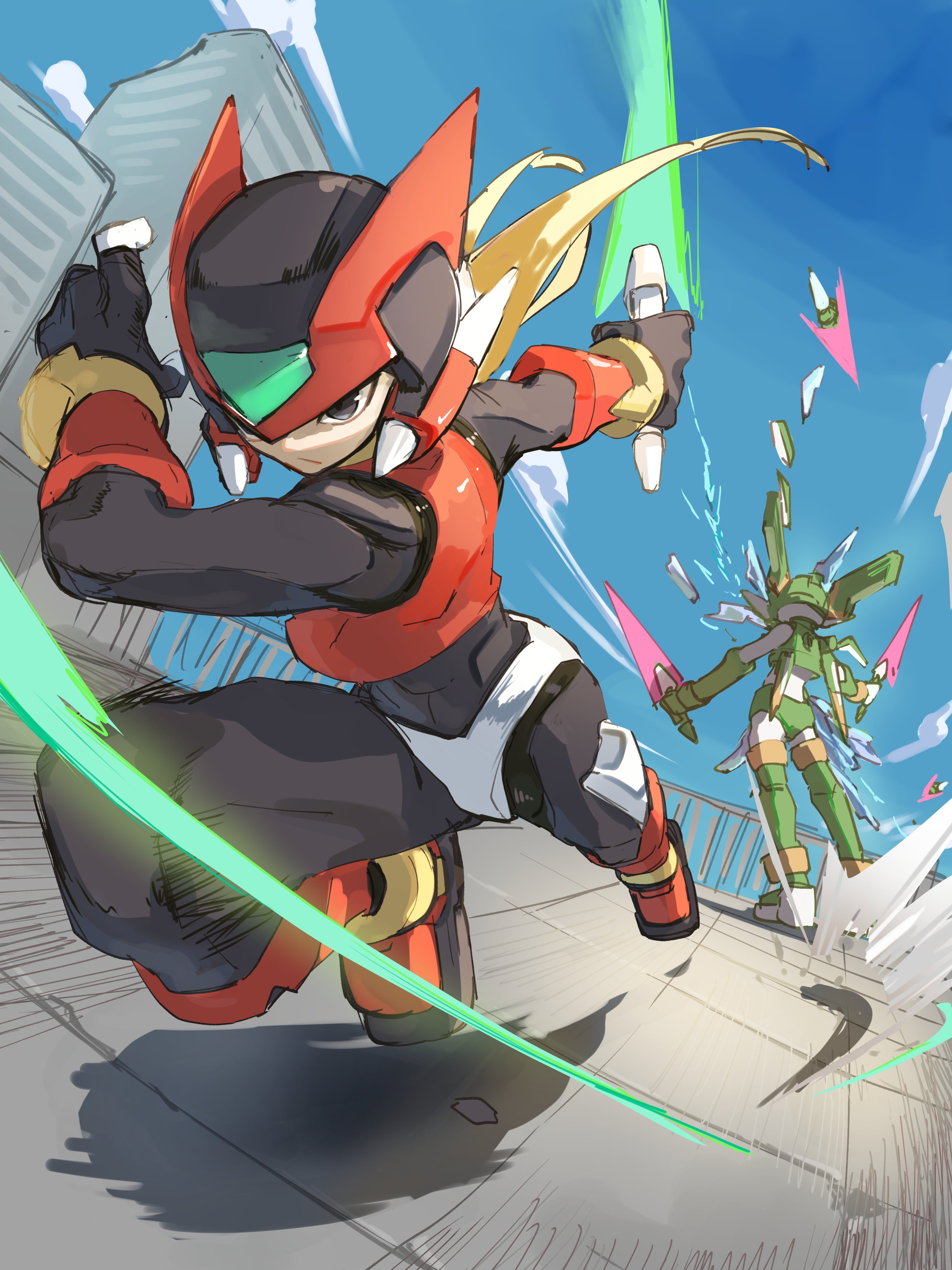 omochi (mochi skymega), sage harpuia (mega man), zero(z) (mega man), zero (mega man), mega man (series), mega man zero (series), mega man zero 1, absurdres, highres, 2boys, armor, black eyes, blonde hair, dual wielding, energy sword, forehead jewel, green armor, green helmet, helmet, holding, holding sword, holding weapon, long hair, male focus, multiple boys, red armor, red helmet, sword, weapon, z saber