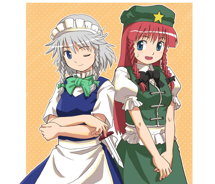 haniwa, haniwa (leaf garden), hong meiling, izayoi sakuya, embodiment of scarlet devil, touhou, silver hair, 2girls, apron, between fingers, blue eyes, blush, bow, braid, china dress, chinese clothes, crossed arms, dress, female focus, hair bow, hat, holding, knife, long hair, maid, maid apron, maid headdress, multiple girls, open mouth, own hands together, red hair, short hair, smile, star (symbol), sweatdrop, twin braids, v arms, wings
