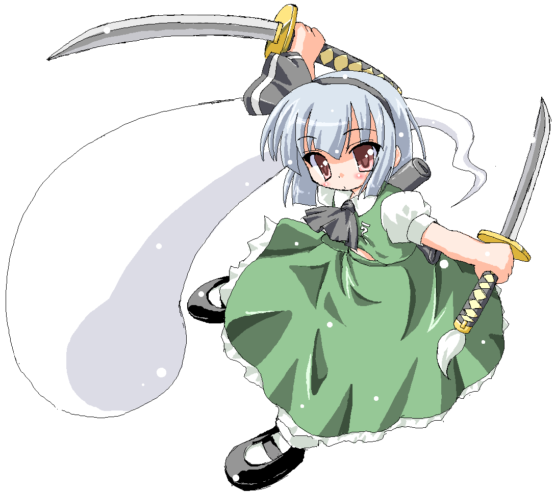 kekyo, konpaku youmu, konpaku youmu (ghost), touhou, white legwear, md5 mismatch, 1girl, :o, ascot, black ascot, black shoes, blush, bob cut, bow, dual wielding, female focus, from above, full body, hair bow, hairband, head tilt, hitodama, holding, katana, looking at viewer, looking up, mary janes, midriff, oekaki, orange eyes, puffy sleeves, sheath, shirt, shoes, short hair, sidelocks, simple background, skirt, skirt set, snowing, solo, standing, sword, vest, weapon, white background
