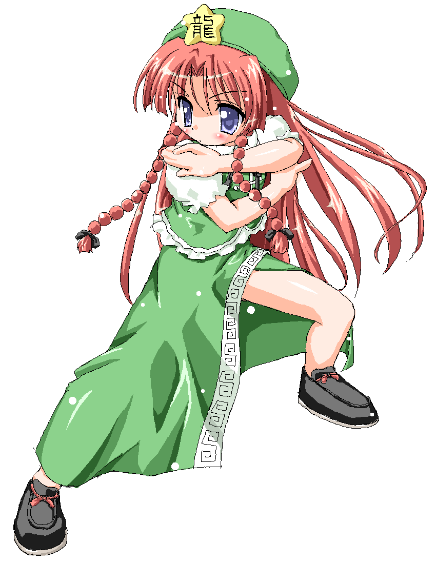 kekyo, hong meiling, immaterial and missing power, touhou, 1girl, bare legs, beret, black shoes, blue eyes, blush, blush stickers, bow, braid, china dress, chinese clothes, dress, female focus, fighting stance, full body, green hat, hair bow, hat, long hair, oekaki, pink hair, purple eyes, red hair, serious, shiny skin, shoes, side slit, simple background, solo, spread legs, standing, star (symbol), twin braids, very long hair, white background