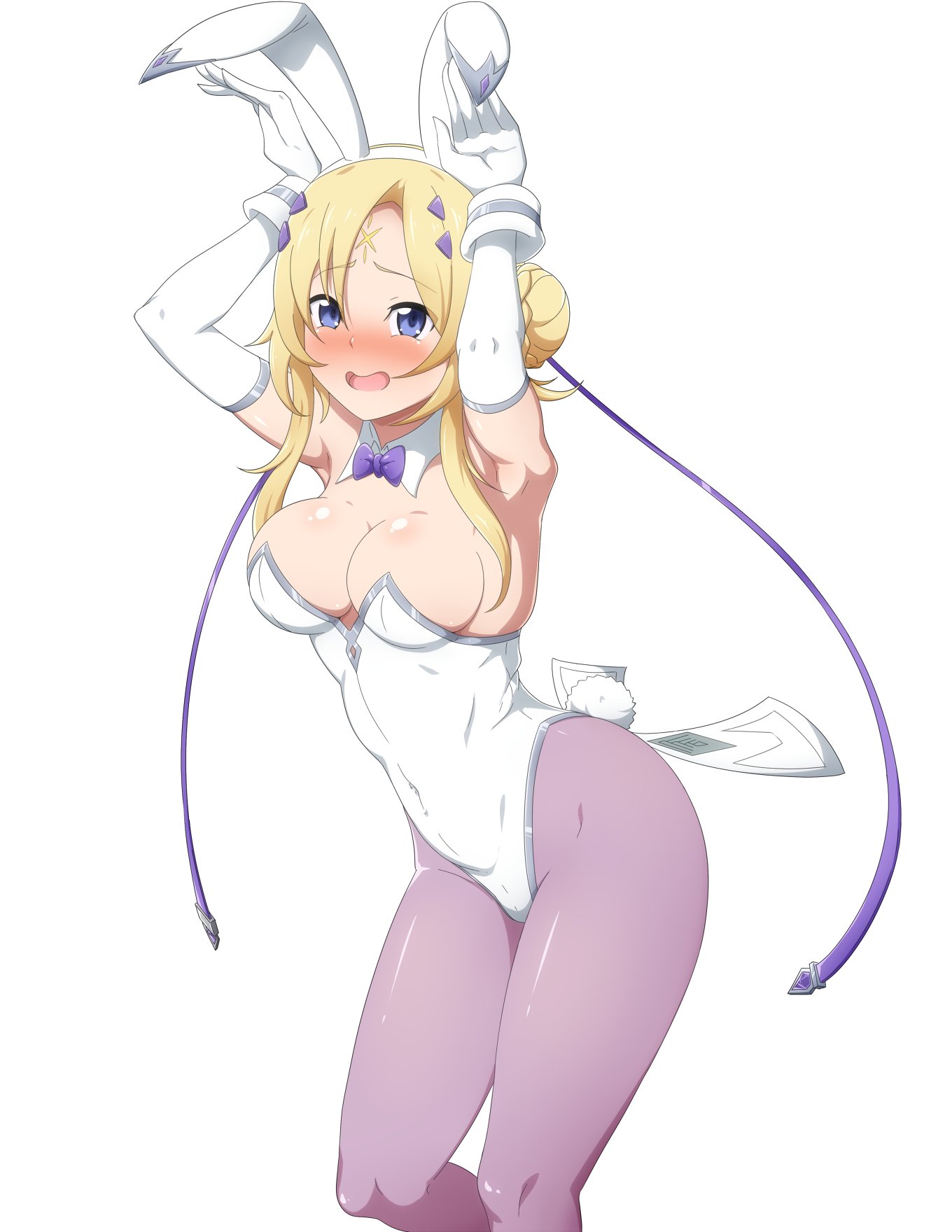 danpu, ecclesia (yu-gi-oh!), yu-gi-oh!, highres, 1girl, animal ears, black pantyhose, blonde hair, blue eyes, blush, cowboy shot, duel monster, facial mark, fake animal ears, fake tail, forehead mark, hair bun, leotard, pantyhose, playboy bunny, rabbit ears, rabbit tail, simple background, solo, strapless, tail, white leotard