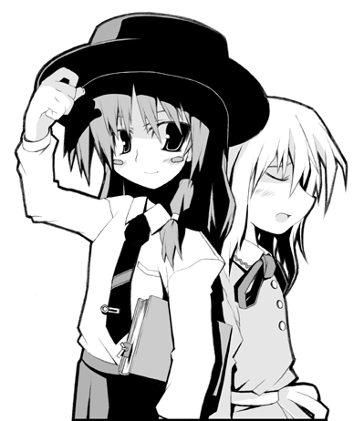 maribel hearn, usami renko, ghostly field club, touhou, lowres, 2girls, adjusting clothes, adjusting headwear, back-to-back, belt, blush stickers, book, bow, bowtie, closed eyes, dress shirt, female focus, greyscale, hat, long hair, looking at viewer, monochrome, multiple girls, necktie, no headwear, profile, shirt, simple background, smile, top hat, white background