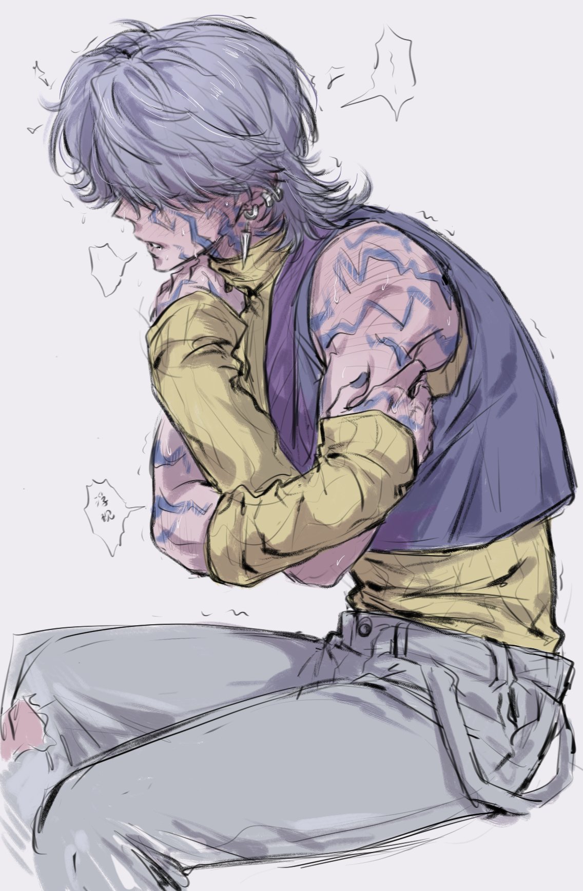 1008 redd, mystery (kpop demon hunter), kpop demon hunters, 1boy, colored skin, denim, ear piercing, earrings, hair over eyes, jeans, jewelry, pants, piercing, pink skin, purple hair, solo